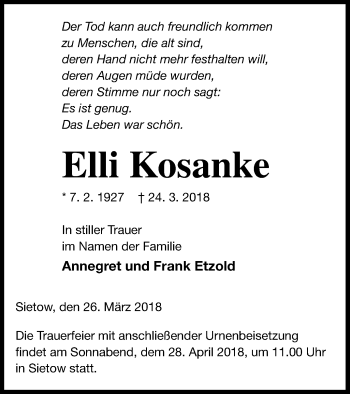 Traueranzeige von Elli Kosanke von Müritz-Zeitung