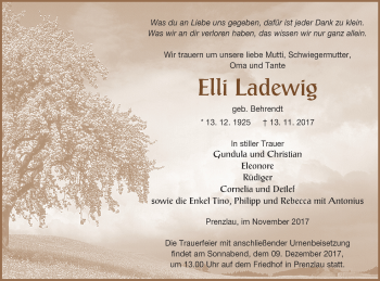 Traueranzeige von Elli Ladewig von Prenzlauer Zeitung