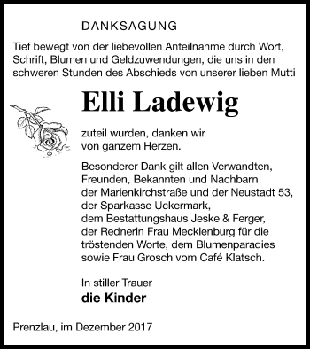 Traueranzeige von Elli Ladewig von Prenzlauer Zeitung