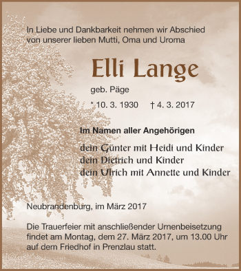 Traueranzeige von Elli Lange von Prenzlauer Zeitung