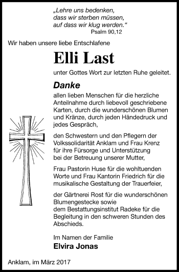 Traueranzeige von Elli Last von Vorpommern Kurier