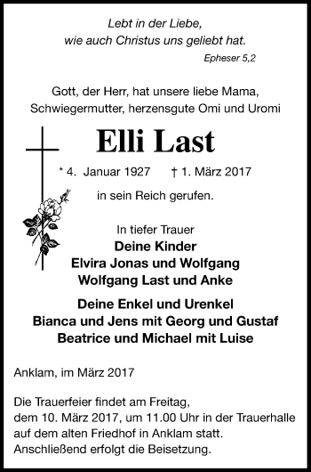 Traueranzeige von Elli Last von Vorpommern Kurier