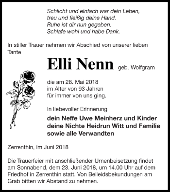 Traueranzeige von Elli Nenn von Pasewalker Zeitung