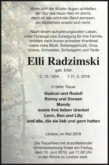 Traueranzeige von Elli Radzimski von Strelitzer Zeitung