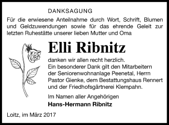 Traueranzeige von Elli Ribnitz von Vorpommern Kurier