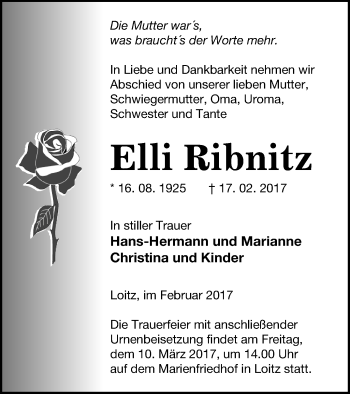 Traueranzeige von Elli Ribnitz von Vorpommern Kurier