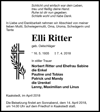 Traueranzeige von Elli Ritter von Templiner Zeitung