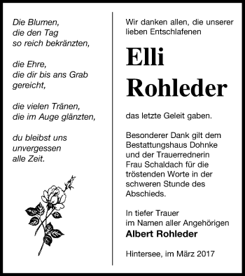 Traueranzeige von Elli Rohleder von Haff-Zeitung