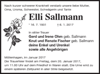 Traueranzeige von Elli Sallmann von Müritz-Zeitung