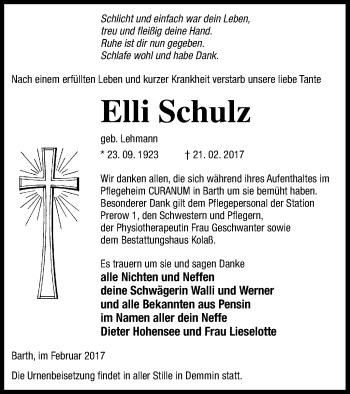 Traueranzeige von Elli Schulz von Demminer Zeitung