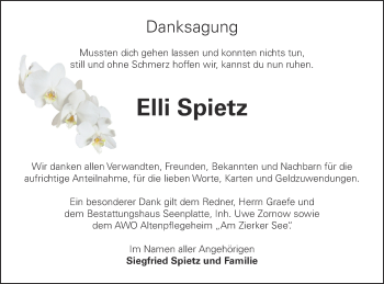 Traueranzeige von Elli Spietz von Strelitzer Zeitung