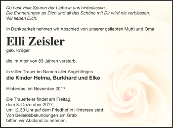 Traueranzeige von Elli Zeisler von Haff-Zeitung