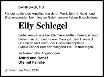 Traueranzeige von Elly Schlegel von Prenzlauer Zeitung