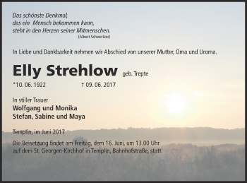 Traueranzeige von Elly Strehlow von Prenzlauer Zeitung