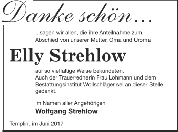 Traueranzeige von Elly Strehlow von Prenzlauer Zeitung