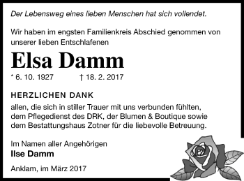 Traueranzeige von Elsa Damm von Vorpommern Kurier