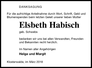 Traueranzeige von Elsbeth Habisch von Templiner Zeitung