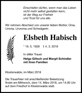 Traueranzeige von Elsbeth Habisch von Templiner Zeitung