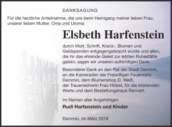 Traueranzeige von Elsbeth Harfenstein von Demminer Zeitung