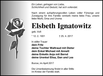 Traueranzeige von Elsbeth Ignatowitz von Neubrandenburger Zeitung