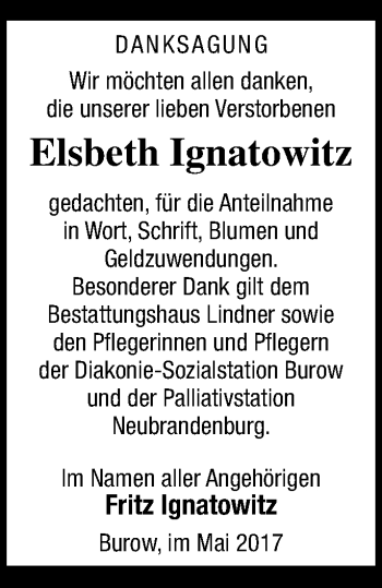 Traueranzeige von Elsbeth Ignatowitz von Neubrandenburger Zeitung