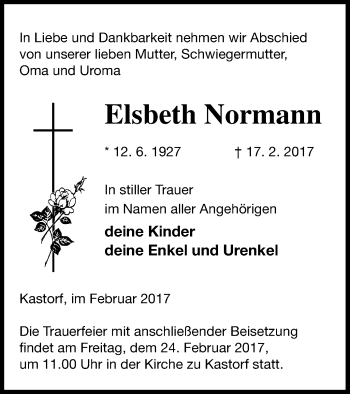 Traueranzeige von Elsbeth Normann von Neubrandenburger Zeitung