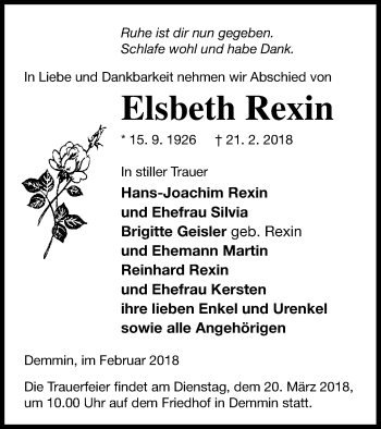 Traueranzeige von Elsbeth Rexin von Demminer Zeitung