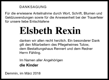 Traueranzeige von Elsbeth Rexin von Demminer Zeitung