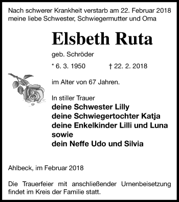 Traueranzeige von Elsbeth Ruta von Haff-Zeitung