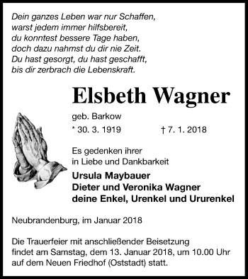 Traueranzeige von Elsbeth Wagner von Neubrandenburger Zeitung