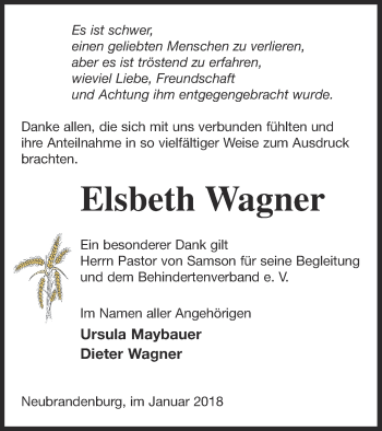 Traueranzeige von Elsbeth Wagner von Neubrandenburger Zeitung