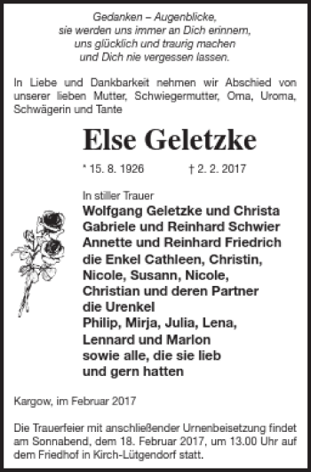 Traueranzeige von Else Geletzke von Müritz-Zeitung