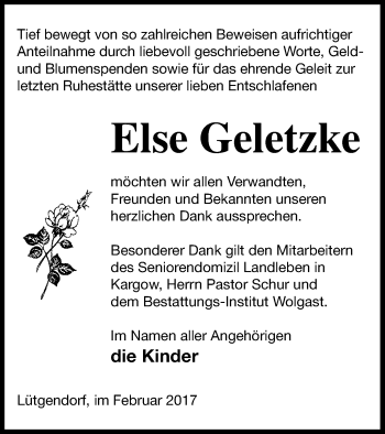 Traueranzeige von Else Geletzke von Müritz-Zeitung