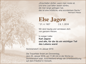 Traueranzeige von Else Jagow von Demminer Zeitung