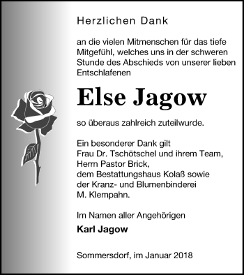 Traueranzeige von Else Jagow von Demminer Zeitung