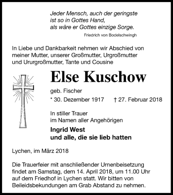 Traueranzeige von Else Kuschow von Templiner Zeitung