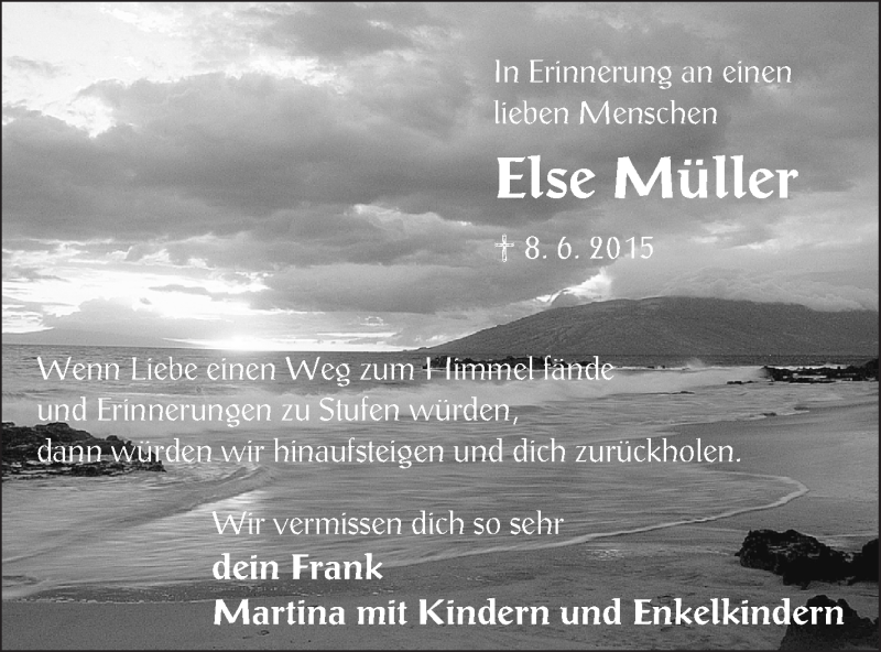  Traueranzeige für Else Müller vom 08.06.2018 aus Vorpommern Kurier
