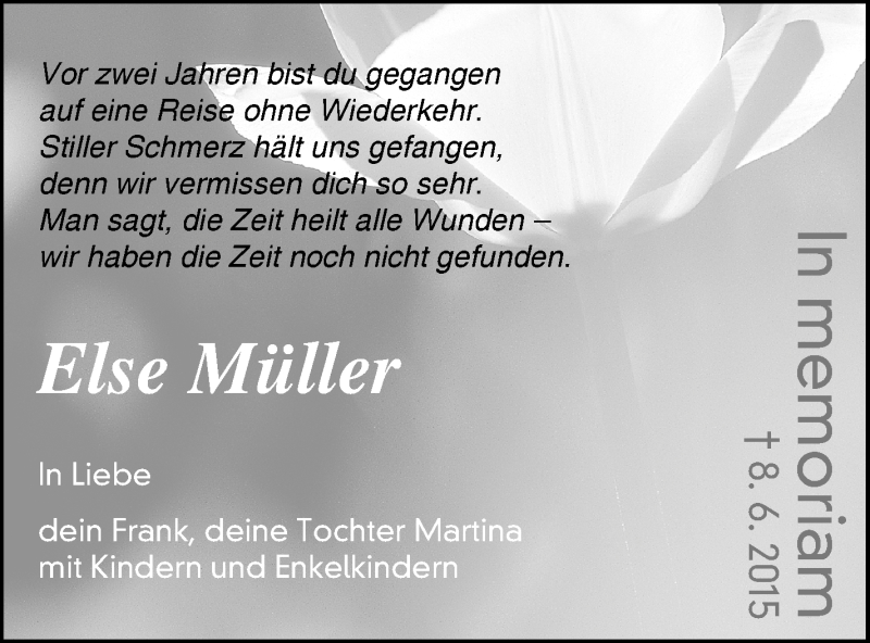  Traueranzeige für Else Müller vom 08.06.2017 aus Vorpommern Kurier