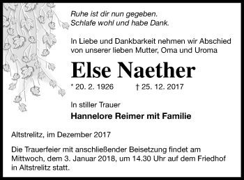 Traueranzeige von Else Naether von Strelitzer Zeitung