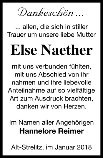 Traueranzeige von Else Naether von Strelitzer Zeitung