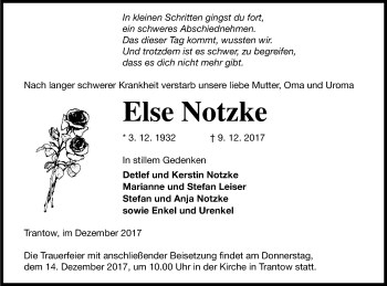 Traueranzeige von Else Notzke von Vorpommern Kurier