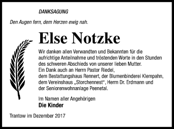 Traueranzeige von Else Notzke von Vorpommern Kurier