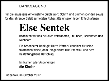 Traueranzeige von Else Sentek von Pasewalker Zeitung