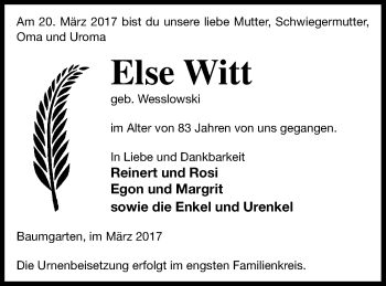 Traueranzeige von Else Witt von Prenzlauer Zeitung