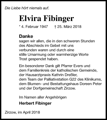 Traueranzeige von Elvira Fibinger von Neubrandenburger Zeitung