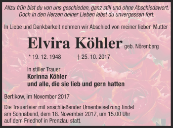 Traueranzeige von Elvira Köhler von Prenzlauer Zeitung