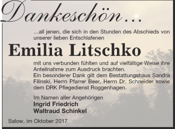 Traueranzeige von Emilia Litschko von Neubrandenburger Zeitung