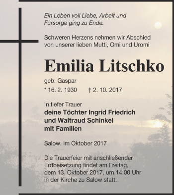 Traueranzeige von Emilia Litschko von Neubrandenburger Zeitung