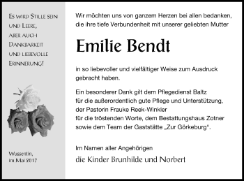 Traueranzeige von Emilie Bendt von Vorpommern Kurier