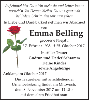 Traueranzeige von Emma Belling von Vorpommern Kurier